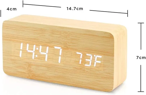 Vista 3 de OCT17 Reloj despertador digital de madera, reloj despertador LED multifunción de madera con fuente de alimentación USB, control de voz, Bambú