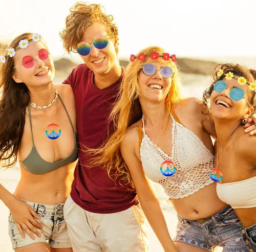 Vista 4 de TUPARKA Juego de 60 piezas de accesorios de disfraz de gafas hippie que incluye diademas multicolor de margaritas, gafas de sol hippie redondas