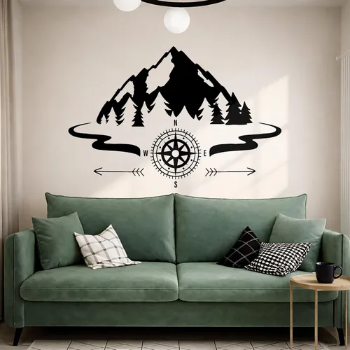 Vista 5 de Vinilo grande para pared, diseño de montañas, brújula, camping, bosque, campamento, decoración artística (ig5651)