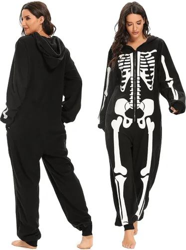 Vista 4 de Disfraz de esqueleto de Halloween para adultos, unisex, pijama de felpa de esqueleto, mameluco acogedor de una pieza, disfraz de cosplay para mujer