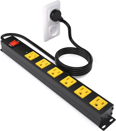 Vista 9 de Regleta de alimentación larga de metal resistente de 6 tomas con disyuntor, cable de extensión, certificación ETL, soporte de pared para garaje