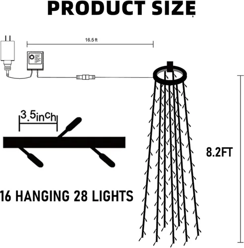 Vista 2 de Dazzle Bright - Luces de árbol de Navidad, 448 luces LED en cascada con control remoto y 8 modos de iluminación, 2.5 m X 16 líneas de luces