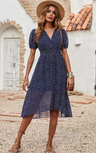 Vista 2 de PRETTYGARDEN Vestido largo con cuello en V y estampado floral para mujer, manga corta, bohemio, verano, playa, vestido largo con dobladillo alto