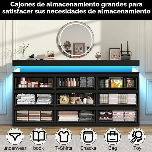 Vista 3 de chartustriable Cómoda de 9 cajones para dormitorio, cómoda blanca con luces LED, cómoda moderna para armario, armario organizador de cajones de 63