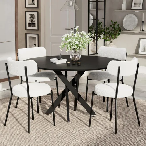 Vista 19 de Moderno juego de mesa de comedor redonda de 3 piezas, mesa de MDF circular negra y 2 sillas de comedor negras Boucle, muebles de cocina con marco