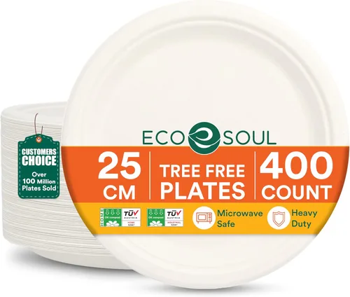 Vista 16 de ECO SOUL - Platos de papel compostables de 9 pulgadas (paquete de 200) biodegradables, resistentes, desechables, ecológicos para cena de Navidad