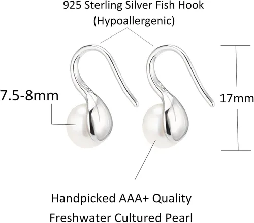 Vista 3 de Aretes colgantes de plata de ley 925 seleccionados a mano AAA+ de 7.5 a 0.315 in con perlas cultivadas de agua dulce blancas para mujer