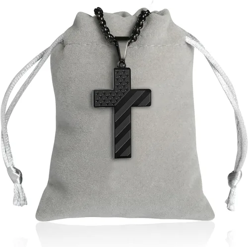 Vista 6 de DuoDiner Collar de cruz de 24 pulgadas para hombres, niños, niños, versículo bíblico, colgante de bandera estadounidense, bautismo, joyería