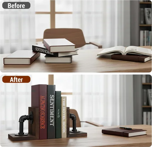Vista 3 de MyGift Sujetalibros Decorativos, Sujetalibros para Estantes, Sujetalibros de Metal para Libros Pesados, Decoración de Oficina para Hombres, Tope