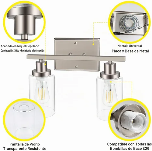 Vista 7 de Ascher Apliques de pared de 2 luces, moderna lámpara de tocador con pantalla de vidrio transparente, lámpara de pared de níquel cepillado
