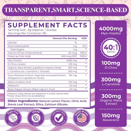 Vista 6 de Suplemento de mio-inositol y D-chiro inositol para mujeres, 4000 mg: 100 mg de inositol en polvo, suplementos de fertilidad equilibrio hormonal