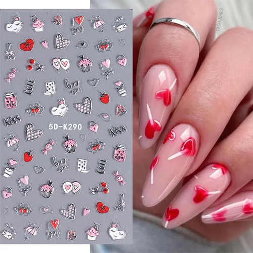 Vista 3 de Calcomanías de arte de uñas para el día de San Valentín, calcomanías de oso lindo 5D, autoadhesivas, corazón rojo, enano, panda, diseño de uñas