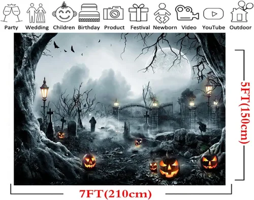 Vista 3 de LYWYGG Fondo de Halloween para fotografía, fondo nocturno de terror, telón de fondo de luna de calabaza aterradora para fiestas, suministros