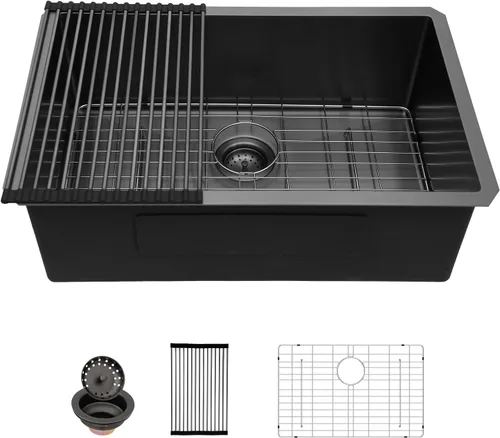 Vista 21 de Sarlai Gold Fregadero de Cocina Empotrado - Fregadero de Cocina de 28 Pulgadas Empotrado de Acero Inoxidable Dorado Tazón Individual de 28" x 19