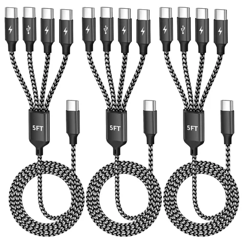 Vista 18 de Cable de carga múltiple, doble tipo C, cable de carga múltiple de nailon trenzado 4 en 1, cable de carga multi USB con puertos IP/tipo C/micro USB