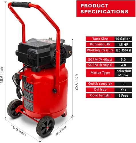 Vista 2 de CRAFTSMAN Compresor de aire de 10 galones, pico de 1.8 HP, presión máxima de 150 PSI, compresor de aire portátil sin aceite con rueda, compresor