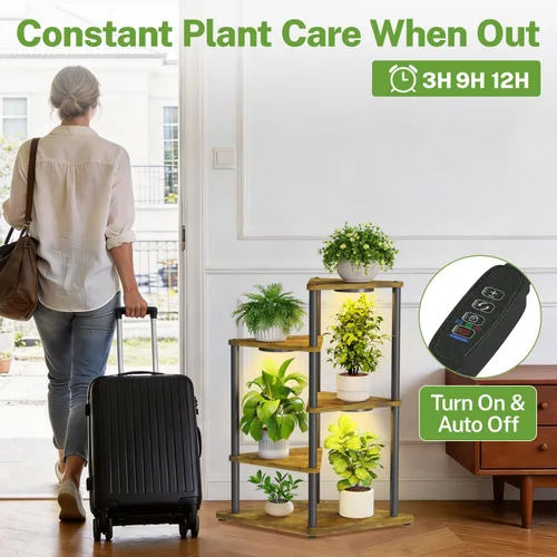 Vista 5 de iDavosic.ly Soporte alto para plantas con luces de cultivo para macetas grandes y resistentes, estante de flores de esquina interior de 4 niveles