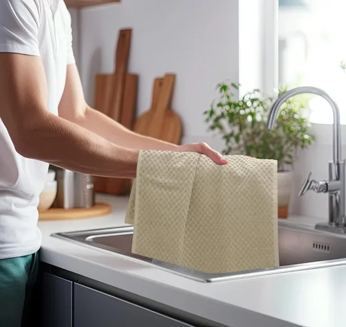 Vista 8 de COTTON CRAFT - Juego increíble de toallas de cocina - Juego de 8 toallas de rizo - 100% algodón Euro Café con textura gofré - Toalla de cocina Beige