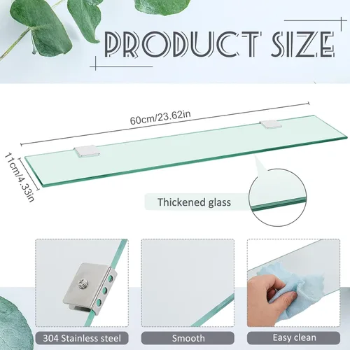 Vista 3 de Tatuo 2 piezas de 23.6 pulgadas estante de baño de vidrio templado para baño, acero inoxidable 304 estantes de vidrio flotante de montaje en pared