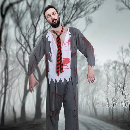 Vista 6 de Phedrew Disfraz de zombi sangriento para hombre, incluye camiseta, pantalones, sombrero y parche en los ojos, disfraz de terror de Halloween