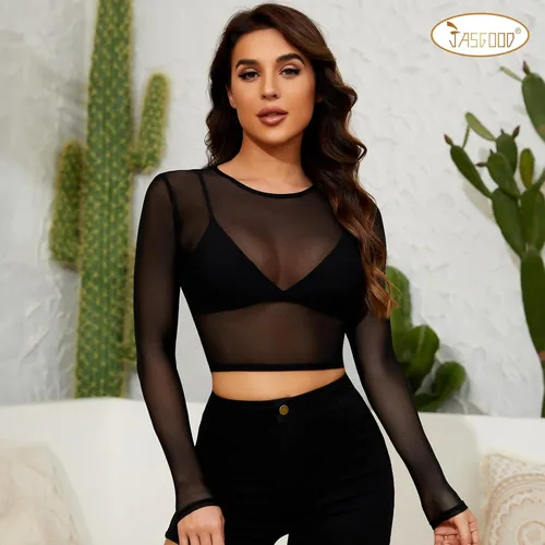 Vista 9 de JASGOOD Camiseta corta de malla para mujer, de manga larga, transparente, blusa transparente