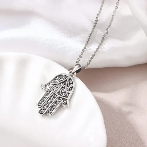 Vista 27 de Aniu Joyería de plata de ley 925 Hamsa de Fátima para mujer con circonita cúbica, viene con caja de regalo negra