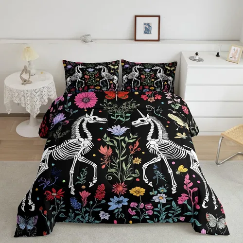 Vista 3 de Juego de edredón de polilla de la muerte, juego de ropa de cama tamaño individual, diseño de calavera gótica, flores botánicas, juego de edredón