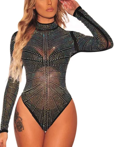 Vista 8 de RED DOT BOUTIQUE 650 - Body de manga larga con diamantes de imitación de malla transparente transparente de talla grande