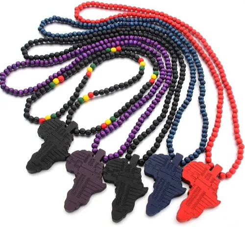 Vista 4 de Collar de cadena de cuentas de madera con dije de mapa de África, collar de hip hop, joyería de rapero para hombres