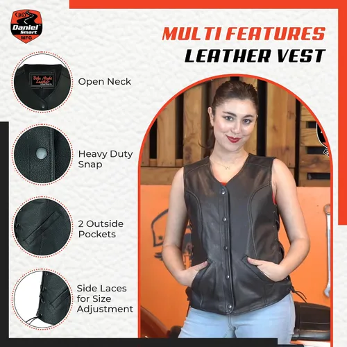 Vista 6 de Daniel Smart Motorcycle Vest for Women Open Neck Leather Vest with Unique Design and Inside Carry Pockets