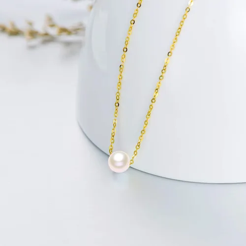 Vista 2 de Collar de perlas de oro macizo de 14 quilates para mujer, collar con colgante de perlas cultivadas de agua dulce real, collar de 0.39 pulgadas