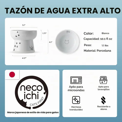 Vista 3 de NECOICHI - Cuenco elevado para agua para gatos, elevado, con líneas de medición, apto para lavavajillas y microondas (gato, extra alto) color blanco