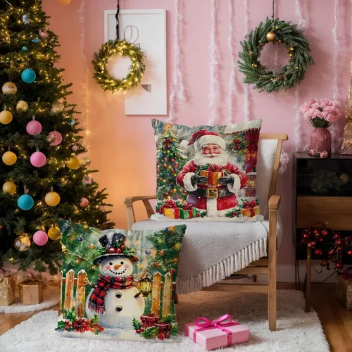 Vista 2 de Juego de 4 fundas de almohada de Navidad, muñeco de nieve, Papá Noel, Derr, decoración de Navidad, para el hogar, sofá, sala de estar, funda