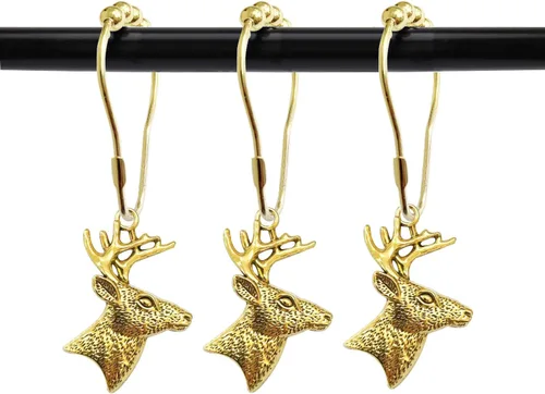 Vista 8 de Juego de 12 ganchos para cortina de ducha de ciervos, anillos rústicos para baño, decoración temática de Navidad, cuernos de reno, madera de ciervo