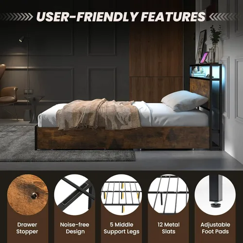 Vista 7 de Giantex Base de cama matrimonial con cabecero de luces LED y 4 cajones de almacenamiento, plataforma de metal con tomas de corriente y puertos USB