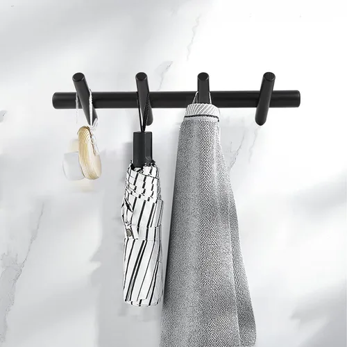 Vista 3 de KYSMOTIC Perchero de Pared Moderno de Madera - Montado en la Pared - Negro con 4 Ganchos de Madera - Para Colgar Ropa, Batas, Toallas, Sombreros