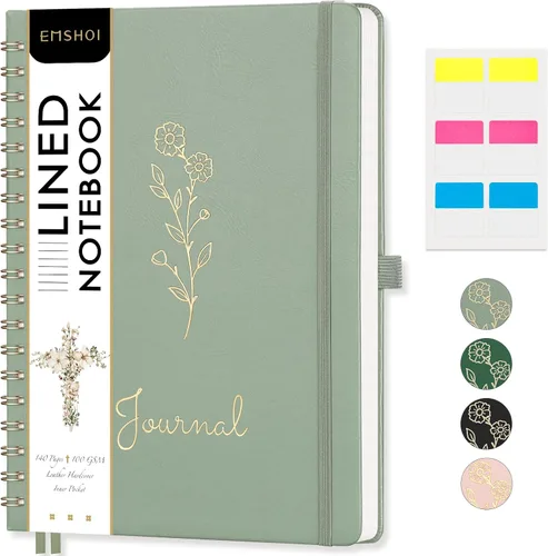 Vista 24 de EMSHOI Cuaderno de espiral con puntos, tapa dura de cuero, papel grueso de 3.53 oz/m², cuaderno de cuadrícula de puntos de 0.197 in para diario