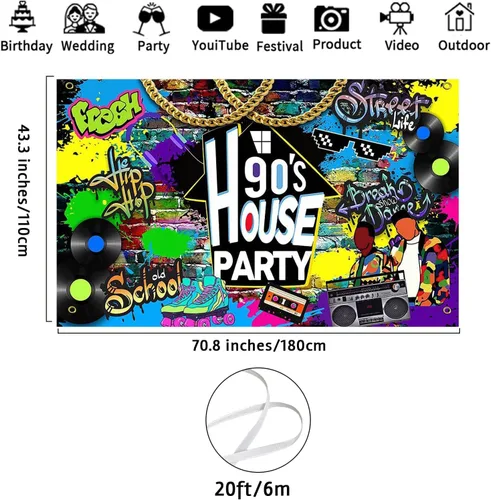 Vista 3 de Avezano Telón de Fondo para Fiesta de los 90 en Casa con Graffiti de Hip Hop, Decoraciones Temáticas de los 90 para Fiesta en Casa, Radio Retro