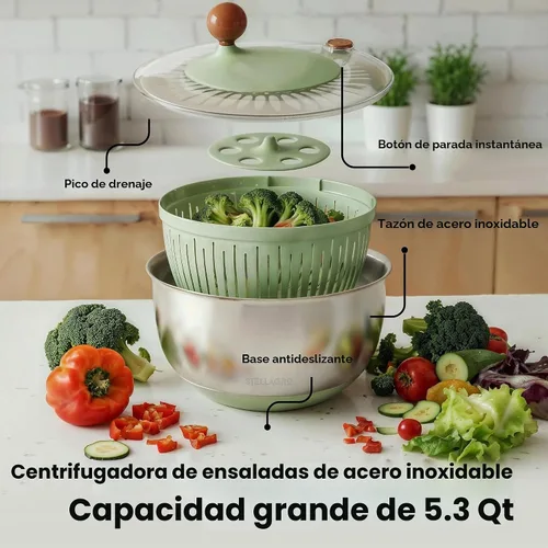 Vista 7 de Ensaladera grande de acero inoxidable giratorio de 5.3 cuartos de galón, secadora de lechuga, lavadora de verduras con botón de freno, base