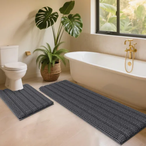Vista 42 de ACCUMTEK - Juego de alfombras de baño a rayas beige de 3 piezas, ultrasuaves, antideslizantes de chenilla, alfombras de baño mullidas y absorbentes