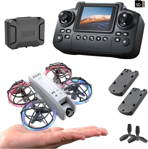 Vista 7 de Mini dron K100 con controlador de pantalla con tarjeta SD, dos baterías, posicionamiento de flujo óptico, protección completa para hélices de vuelo