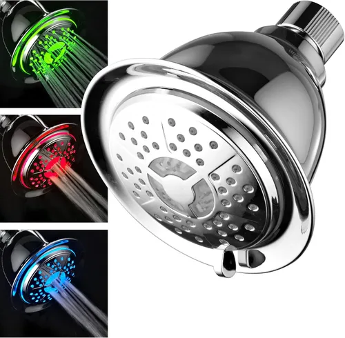 Vista 2 de PowerSpa - Cabezal de ducha LED cromado de 4 ajustes con tecnología de boquilla de presión turbo de chorro de aire; 7 colores de luces LED cambian