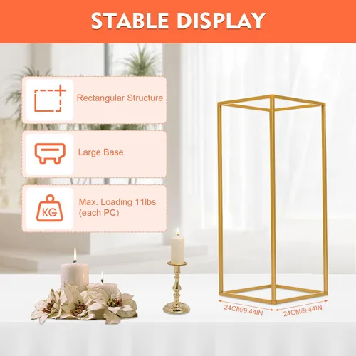 Vista 3 de 10 soportes geométricos dorados de 23 pulgadas para decoración de boda, soportes de columna de jarrón de metal para eventos, fiestas, decoración