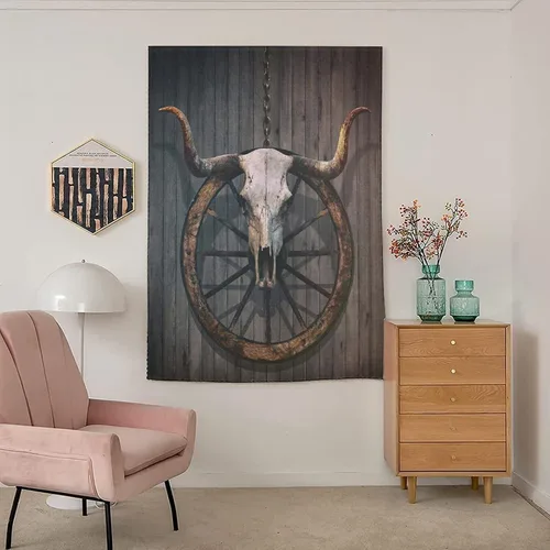 Vista 3 de XISUNYA Cortinas opacas portátiles autoadhesivas, con ruedas de madera de granero, para puerta corta, diseño de calavera de toro con cuernos largos