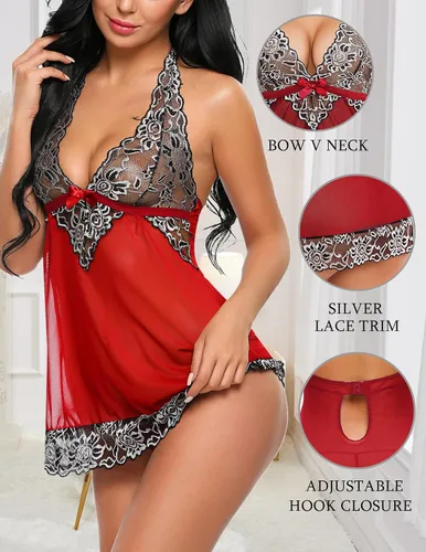 Vista 3 de Lencería Avidlove con cuello en V, de encaje, babydoll de malla, ropa de noche para mujer
