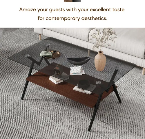 Vista 3 de Mesa auxiliar rectangular contemporánea de cristal con patas de metal cruzadas en ángulo para sala de estar, elegante mesa auxiliar de vidrio