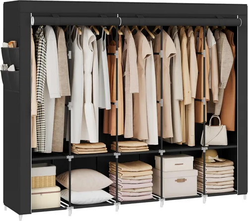 Vista 8 de SONGMICS Armario portátil, Organizador de armario con cubierta, 2 barras para colgar y estantes, 4 bolsillos laterales, 33.9 x 17.7 x 65.7 pulgadas