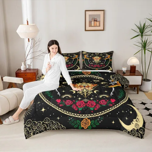 Vista 17 de Juego de edredón de champiñones para niños, tamaño individual, juego de ropa de cama romántica con sol, luna, cielo estrellado y galaxia, decoración