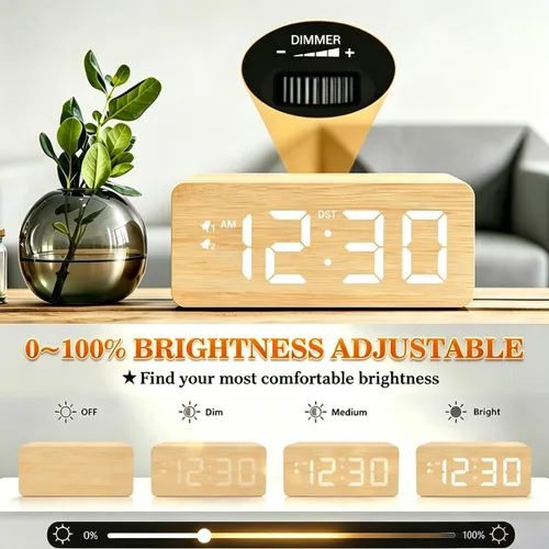 Vista 5 de URAYCO Reloj despertador digital de madera con cargador inalámbrico rápido de 10W, puertos de carga USB, DST, atenuable, modo repetición, pantalla