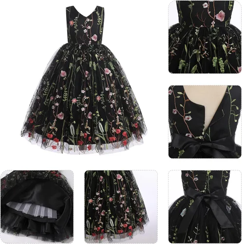 Vista 3 de IDOPIP Vestido de encaje bordado para niña de las flores, vestido de encaje para niños, boda, desfile, fiesta, primera comunión, vestido largo